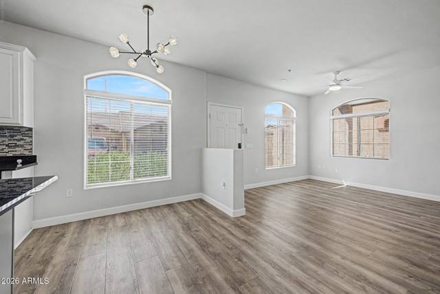 Dining area under the arched windows