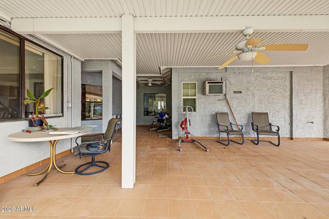 Covered patio with ceiling fans and misting system