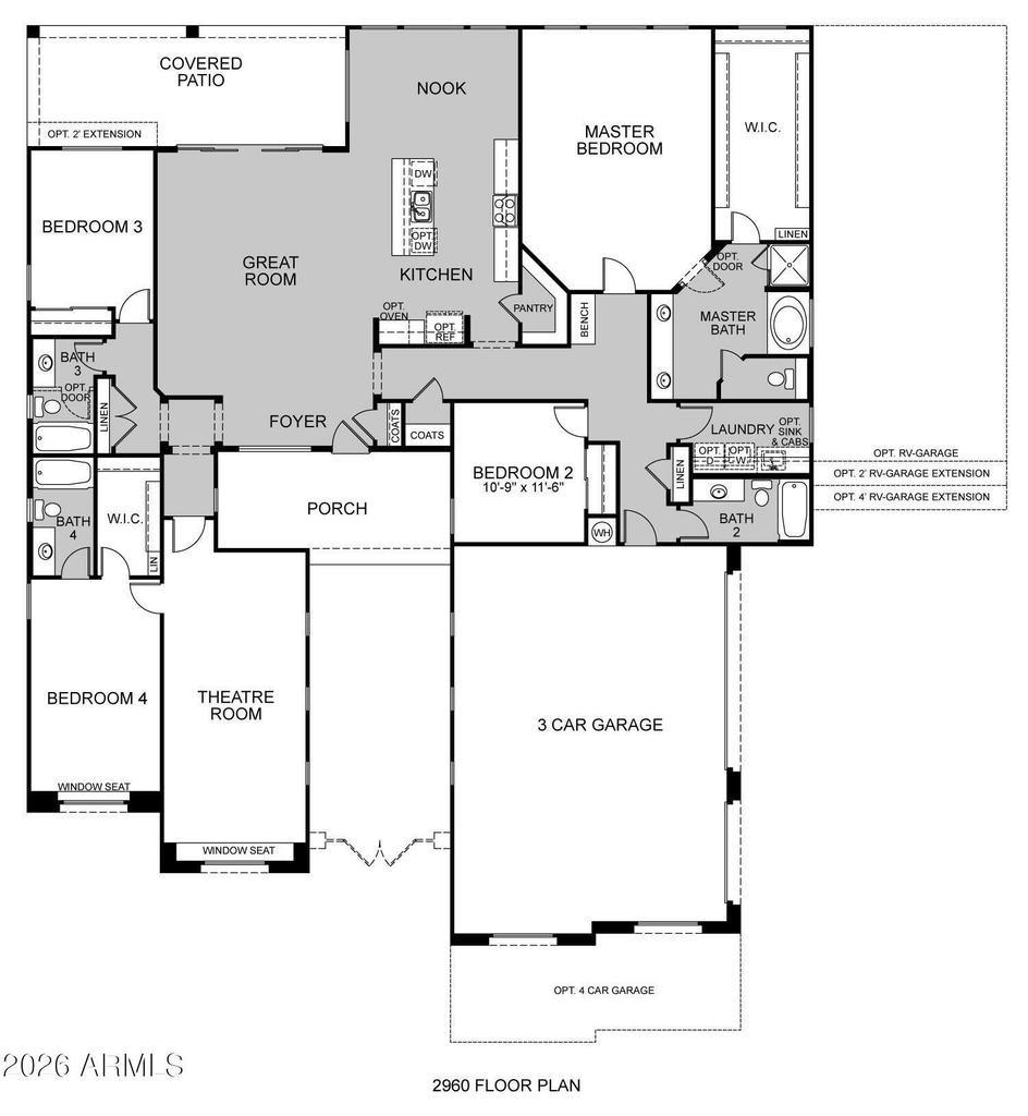 Floor plan showing great room, kitchen, four bedrooms, theatre room and three-car garage