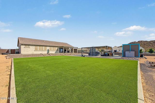 Large synthetic grass lawn behind the house with shed and ramada